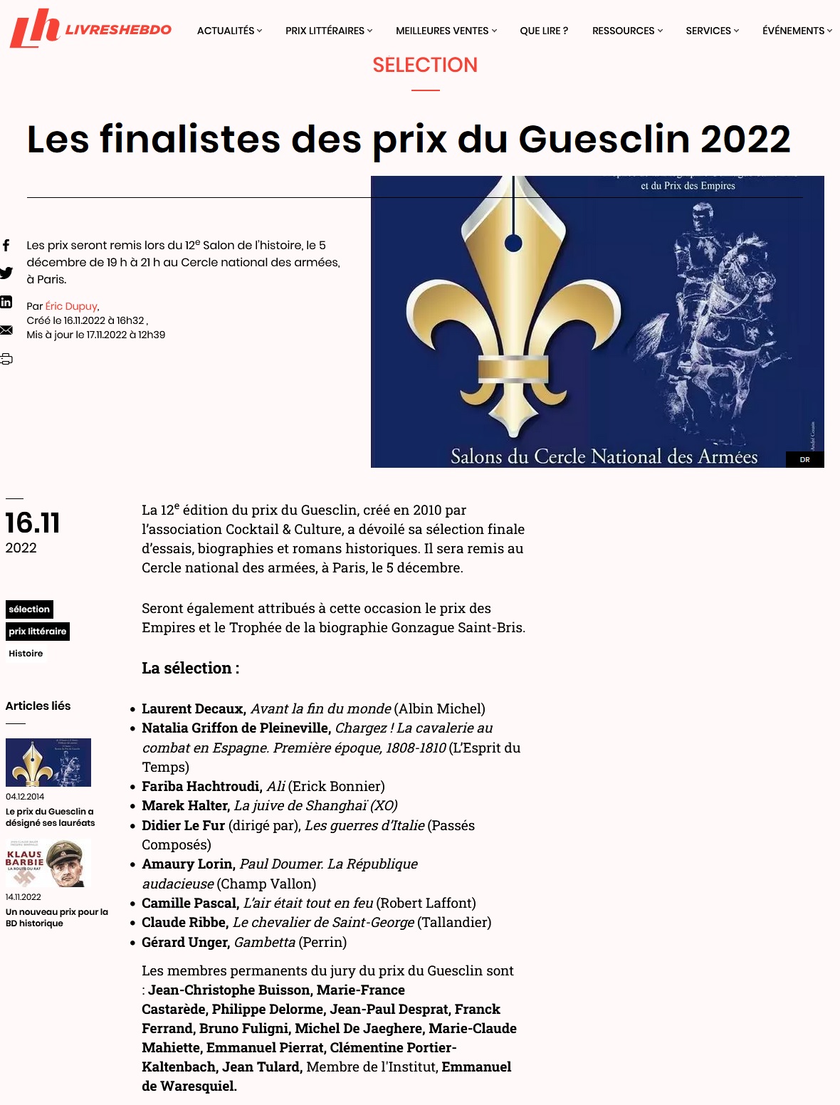 Finalistes Prix du Guesclin, Prix des Empires et Trophée Gonzague Saint-Bris 2022