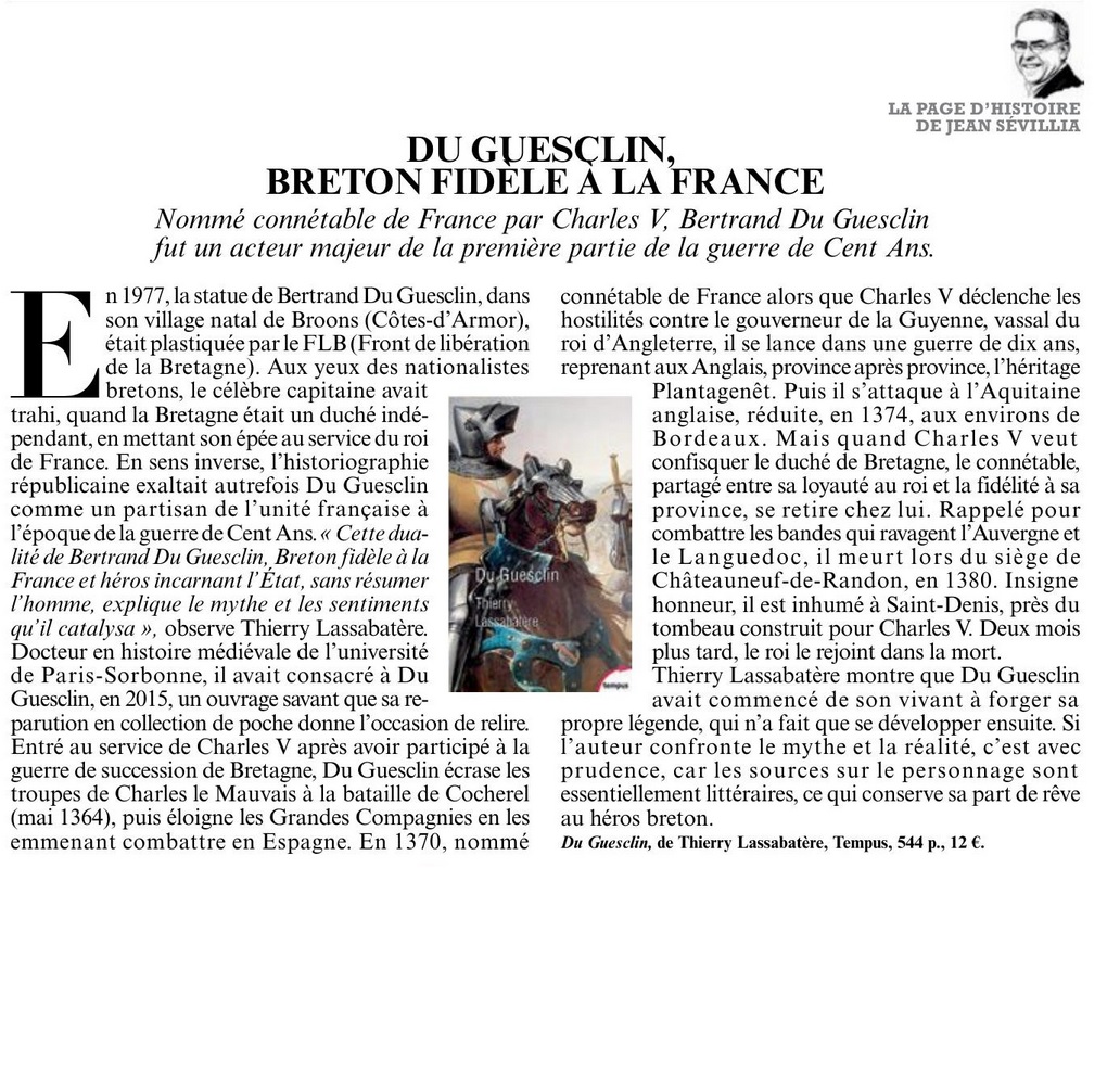 Article Figaro 17 avril 2020 par Jean Sevillia Prix du Guesclin 2019