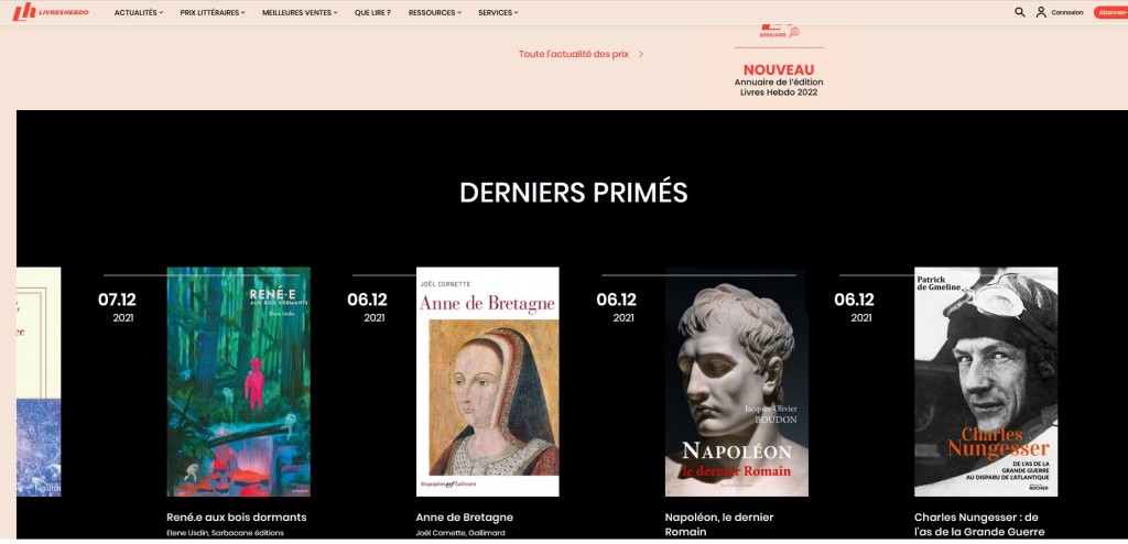 Livres Hebdo 7 décembre 2021 (Prix du Guesclin, Trophée de la Biographie Gonzague Saint-Bris, Prix des Empires, Prix Mairie 8e, )