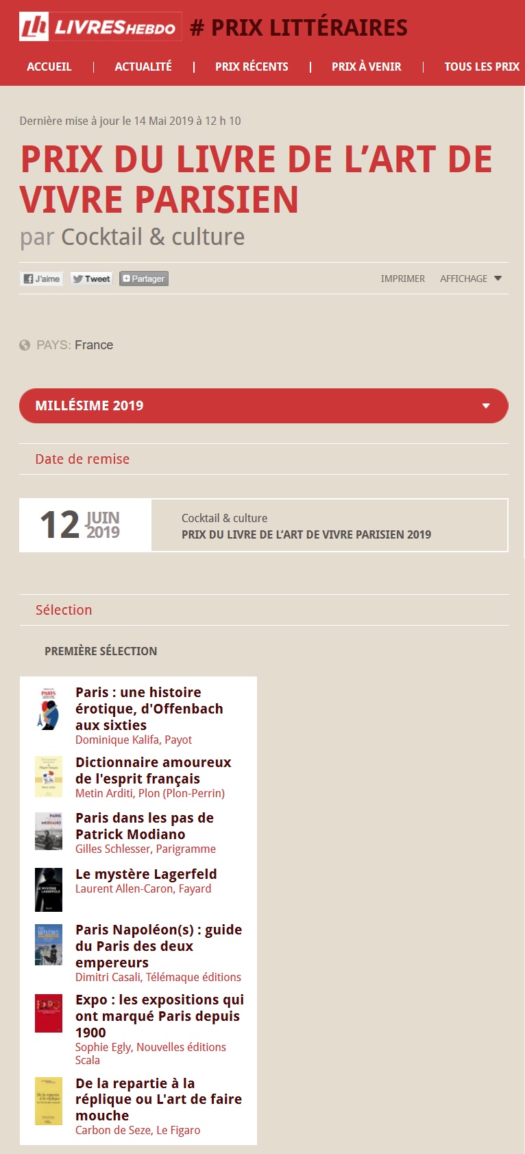 Prix du Livre de l’Art de Vivre Parisien 2019