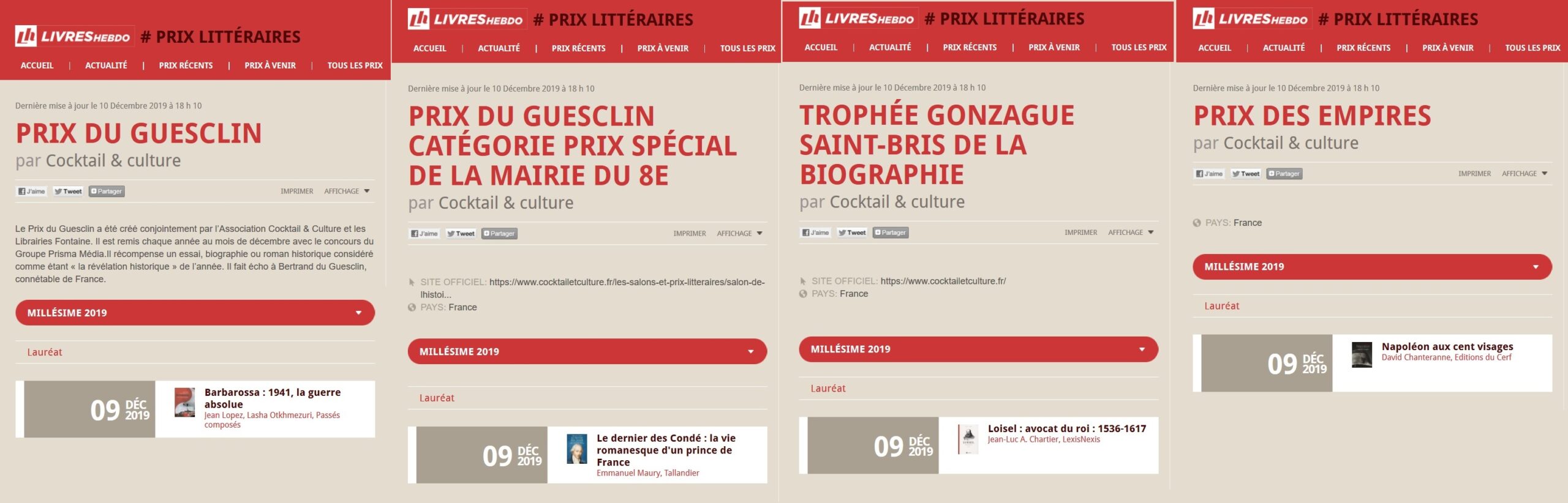 10e Salon de l’Histoire – Prix du Guesclin, Prix de la Mairie du 8e, Trophée de la Biographie Gonzague Saint-Bris, Prix des Empires 2019