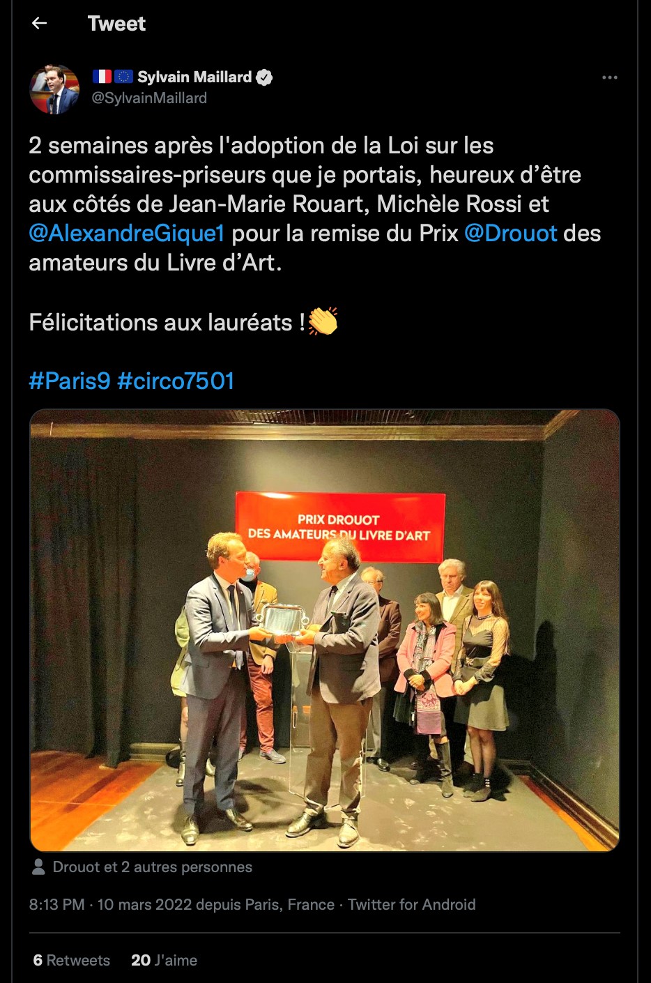 <a href="https://twitter.com/SylvainMaillard/status/1501999697644433419?cxt=HHwWlsC57YuxltgpAAAA">Tweet </a>du député Sylvain Maillard du 10 mars 2022